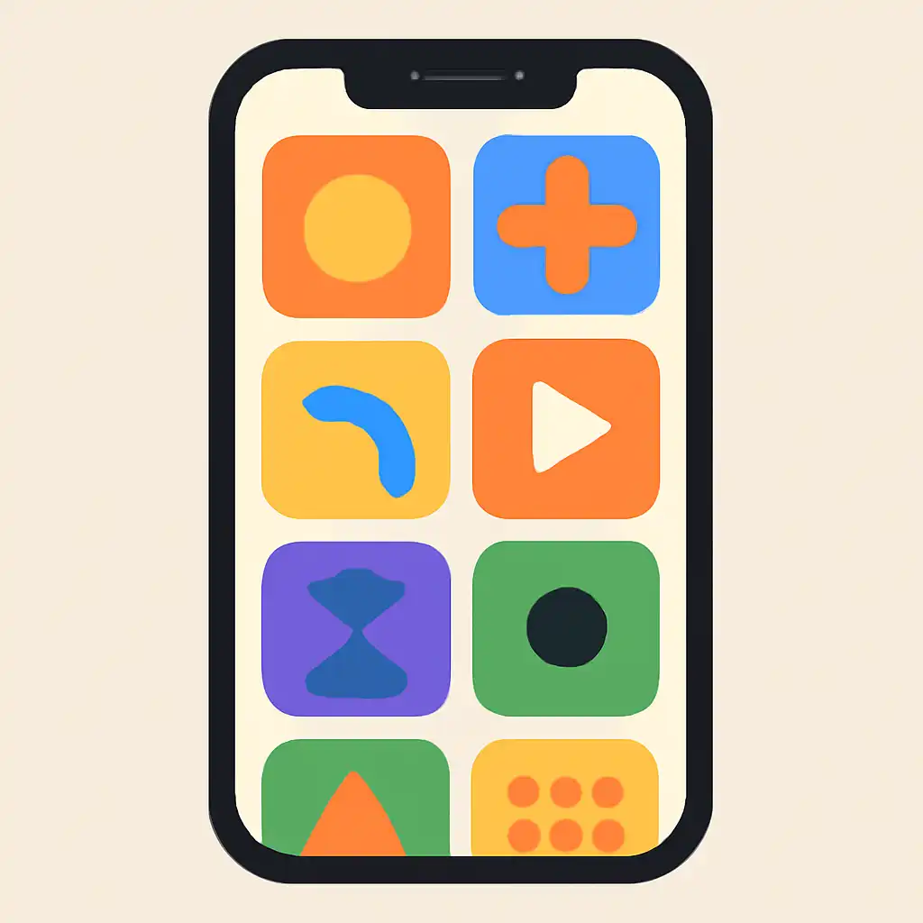 Smartphone shown from the front displaying a colourful flat layout of abstract game icons and rounded tiles (no text, no letters, no labels), Goa Games