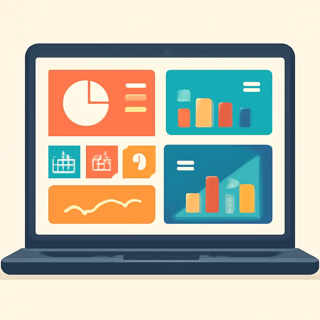 Laptop shown from the front displaying a colourful flat dashboard of abstract charts, bars and icon tiles (no text, no letters, no labels), Goa Games
