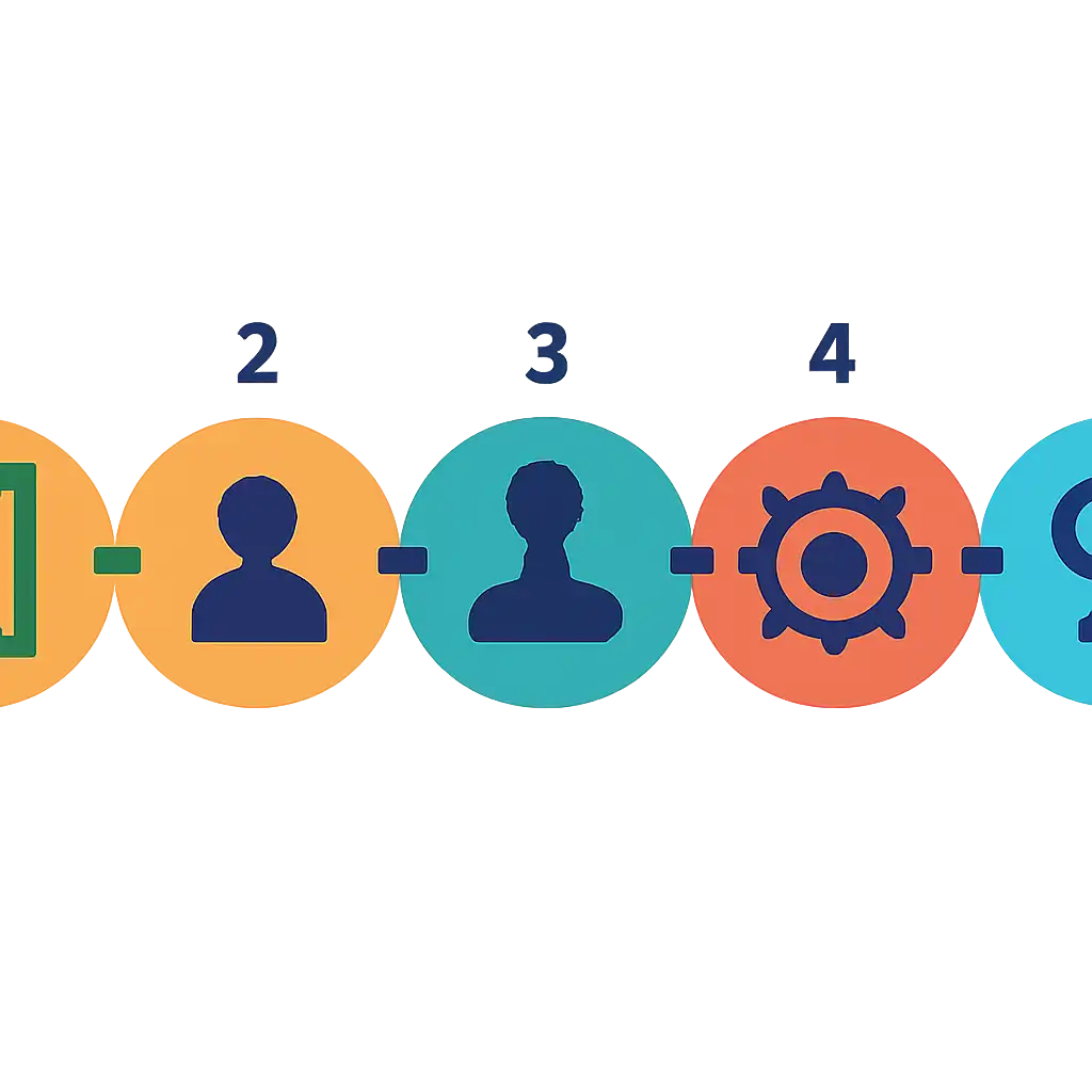 Five numbered circular icons connected by arrows in a horizontal flow, flat illustration, icons only, no words, Goa Games steps